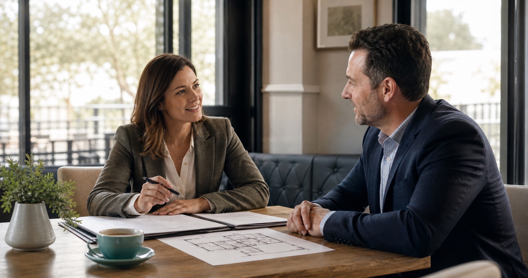 Personal-lines insurance agent meeting with a local referral partner